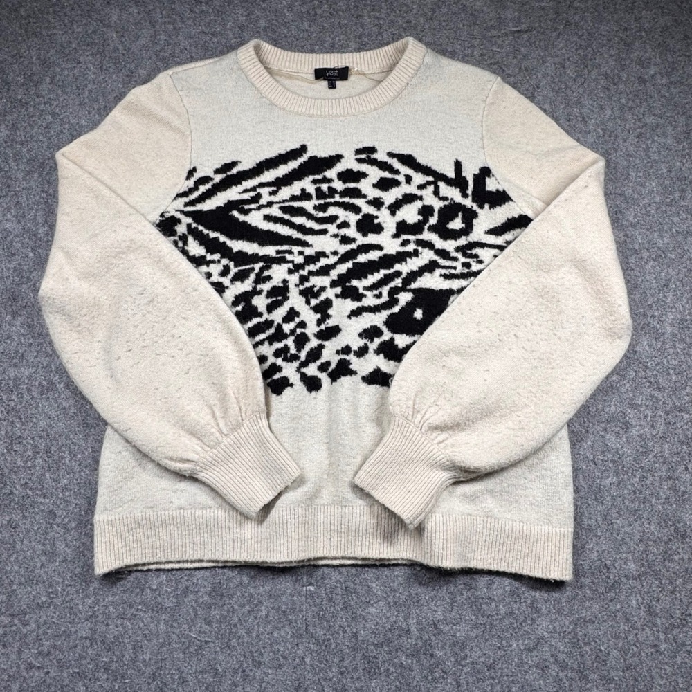 Yest Sweater Women 8 Cream Animal Print Zebra Leopard Balloon Sleeve Knit‎ Top